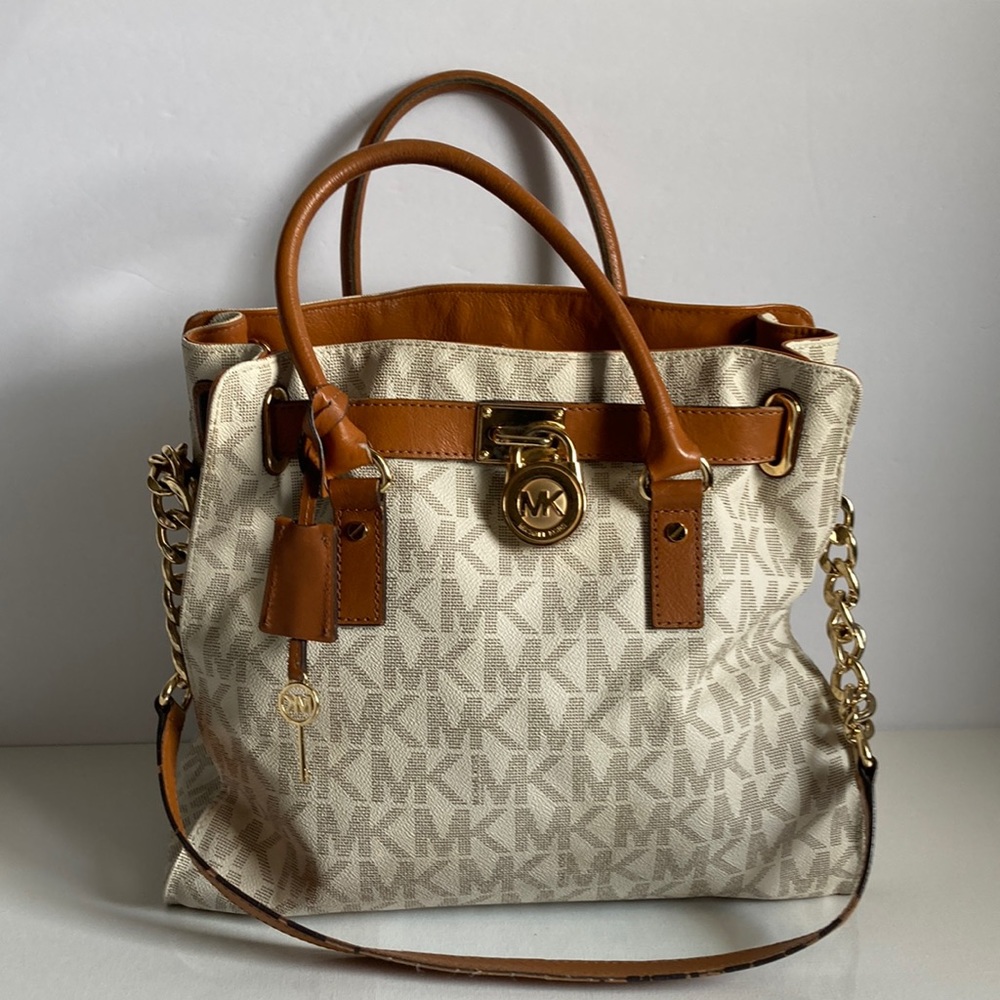 Michael Kors Beige Monogram Satchel with Tan Leather Trim